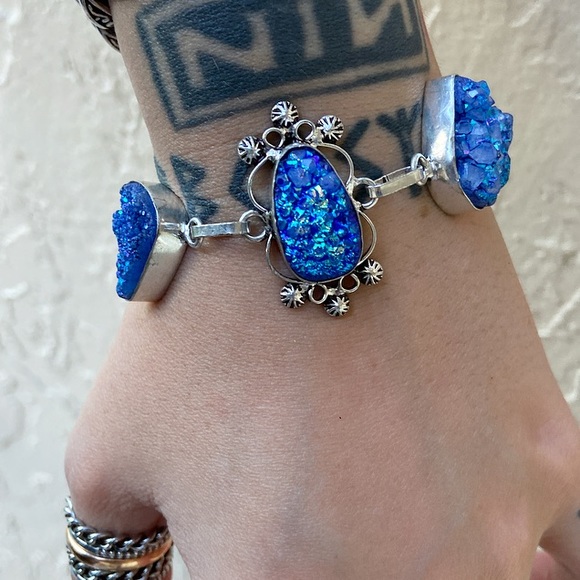 925 Sterling silver blue druzy quartz bracelet - Picture 7 of 9